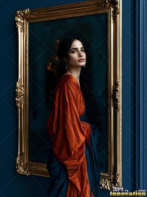 A dark-haired woman steps out of a gilded frame wearing a rust-red robe against a blue wall