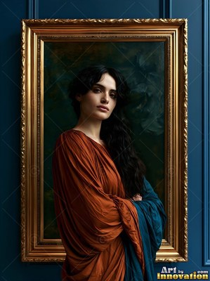 Arms crossed, a woman in a rust gown turns slightly against a blue wall