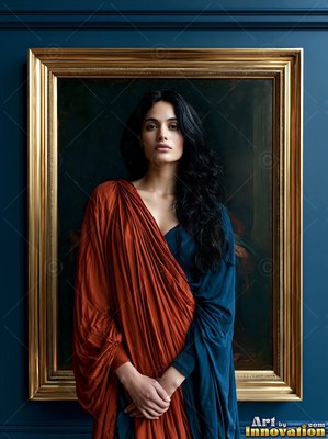 A brunette woman in a red-orange and blue robe stands inside a gilded frame