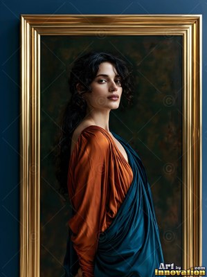 In a frame in gold, a black-haired woman turns in draped orange and blue robes