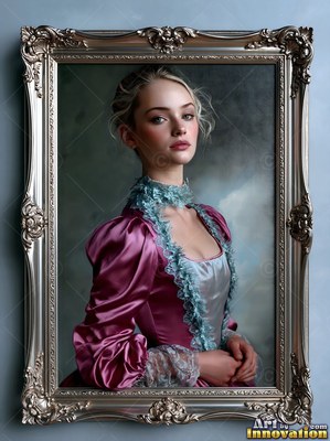 Posing quietly, a blonde woman wears a pink satin dress trimmed with blue lace