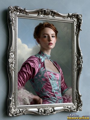 A red-haired woman poses in a pink dress in a silver frame