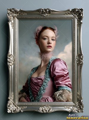 Dressed in a pink satin gown, a young woman poses before a pale cloudy sky in a silver frame