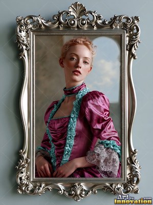 A woman in a magenta satin gown looks forward in soft daylight