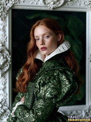 Turned slightly in a carved frame, a red-haired woman dressed in a dark green dress