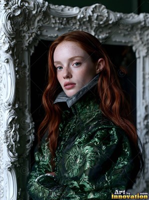 A pale redheaded woman in a green patterned coat poses in front of a white frame