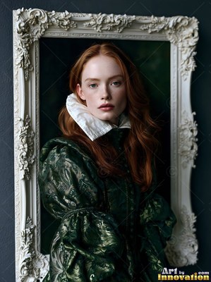 Inside a white frame, a red-haired woman poses in a dark green patterned gown