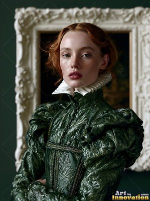 Facing forward, a red-haired woman poses in a dark green dress with a white collar