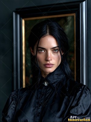 Dark haired woman in a black high collar shirt before a framed canvas