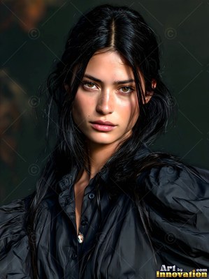 Dark ruffled blouse on a dark-haired woman looking forward against a dim background