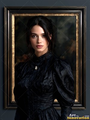 A dark-haired woman poses in a black ruffled dress with soft light on her face