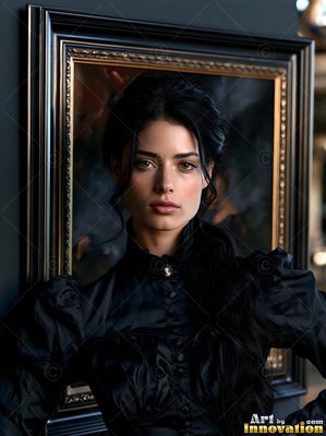 Facing forward in a dark gallery, a woman in a high-necked black dress