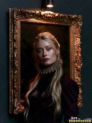 A woman with fair hair in a ruffled collar poses before a gilded frame on a dark wall