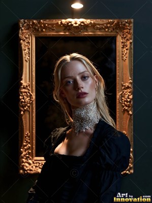 In a dark room, a blond woman in a lace choker stands before a gold frame