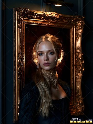 Facing forward, a woman with blonde hair in a lace choker stands in a heavy gold frame