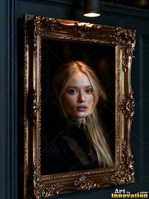 Blonde woman in black lace inside a gilded golden frame