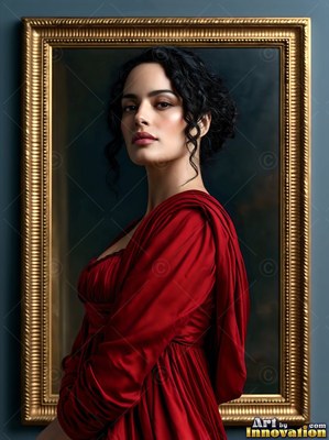 In a red draped dress, a dark-haired woman poses inside a frame in gold on a blue wall