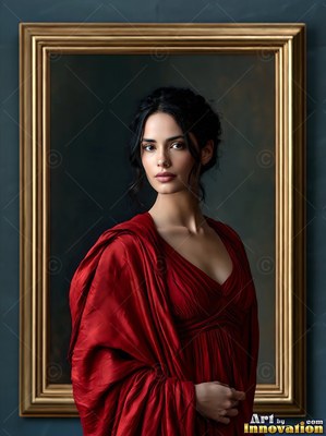 A woman with dark hair stands in a draped red gown, soft light falling across her face