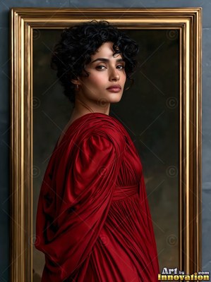 Turned away inside a gilded frame, a woman in a red gown looks over her shoulder
