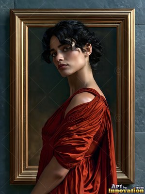 A woman in a pleated rust dress looks over her bare shoulder in a frame