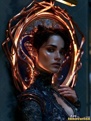 In a dark gallery, a black-haired woman rests within a curved bronze frame