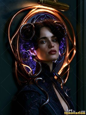 Looking forward, a woman in a dark high collar poses inside a curved copper frame
