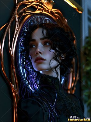 Woman with dark curls in a black dress looking up by a bronze frame