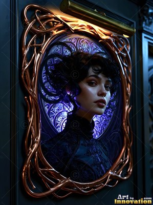 Dark curls frame a woman in a high collar, hung inside a twisted copper frame on a dark wall