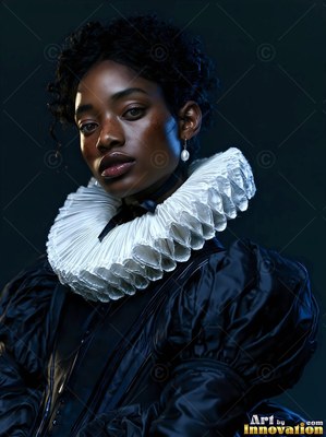 A woman wearing a stiff white ruff collar gazes forward under cool blue light