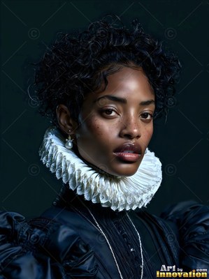 Turned slightly in a dark room, a woman dressed in a pleated white ruff collar