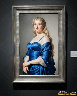 A woman with fair hair in a shiny blue dress stands with her hands folded in a silver frame