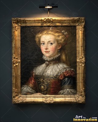 On a dim wall, a woman with blonde hair rests inside a golden frame in a red dress