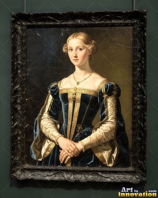 Standing with folded hands, a woman with blonde hair wears a dark gown of velvet with gold trim