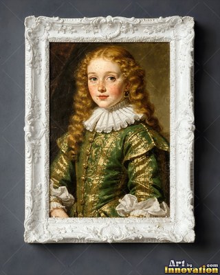 Young woman in a green brocade jacket and white ruff in a white frame