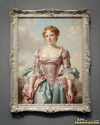 A pink satin bodice fits a woman standing outdoors before a cloudy sky
