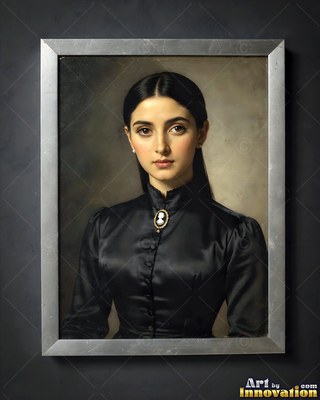 A framed woman poses in a black satin dress under soft gray wall light