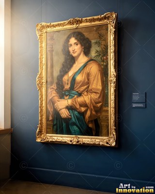 Turned slightly on a dim wall, a woman stands in gold and teal robes