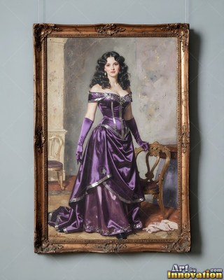A brunette woman stands by a wooden chair wearing a shiny purple ballgown