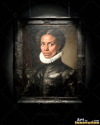 In a dark hall, a woman in a black leather dress wears a white ruff collar