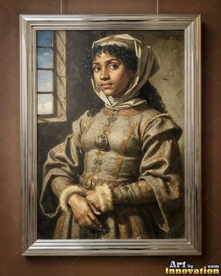 Standing by a window, a young woman clasps her hands in a gray gown and headscarf