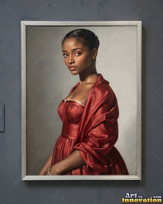 Woman in a red satin dress framed on a gray wall