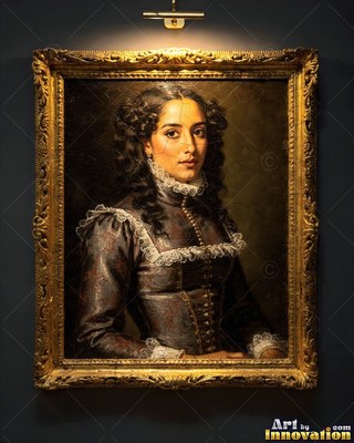 A lace collar rings a woman with black hair in a gold frame under a small lamp on a shadowed wall