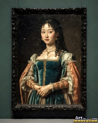A woman stands with folded hands wearing a teal velvet dress with soft orange sleeves