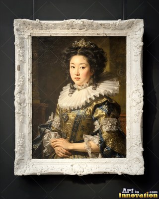 Turned three-quarters in a dark room, a woman rests her hands in a gold dress