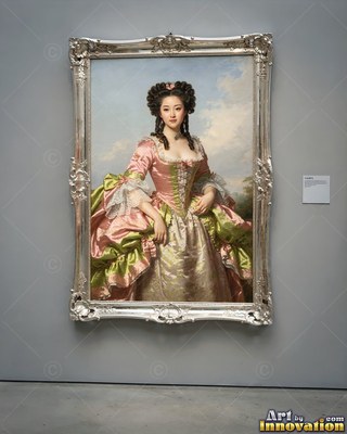 A woman in a pink and green silk ballgown stands in a silver frame