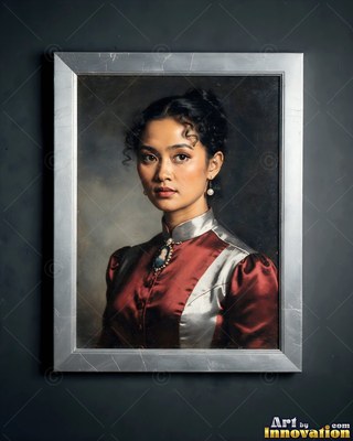 On a dark wall, a woman in a silver frame wears a red satin dress with a brooch