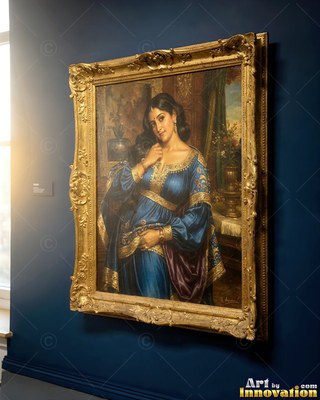 Facing forward, a woman with dark hair in a blue satin gown poses in a gilded frame