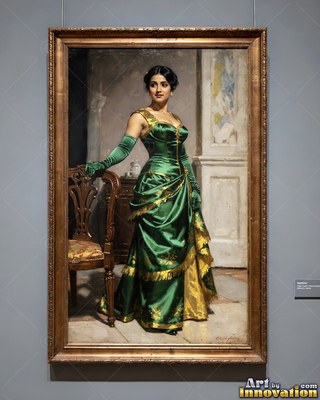Woman in a green satin dress standing beside a chair