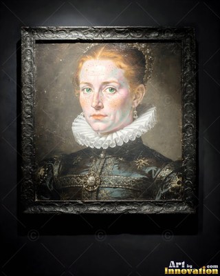 A pleated white ruff collar circles a red-haired woman framed against a dark wall