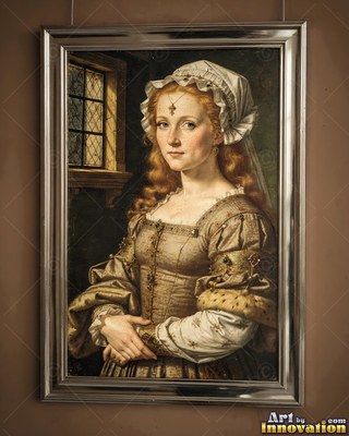 A woman with red hair rests her hands together in soft window light